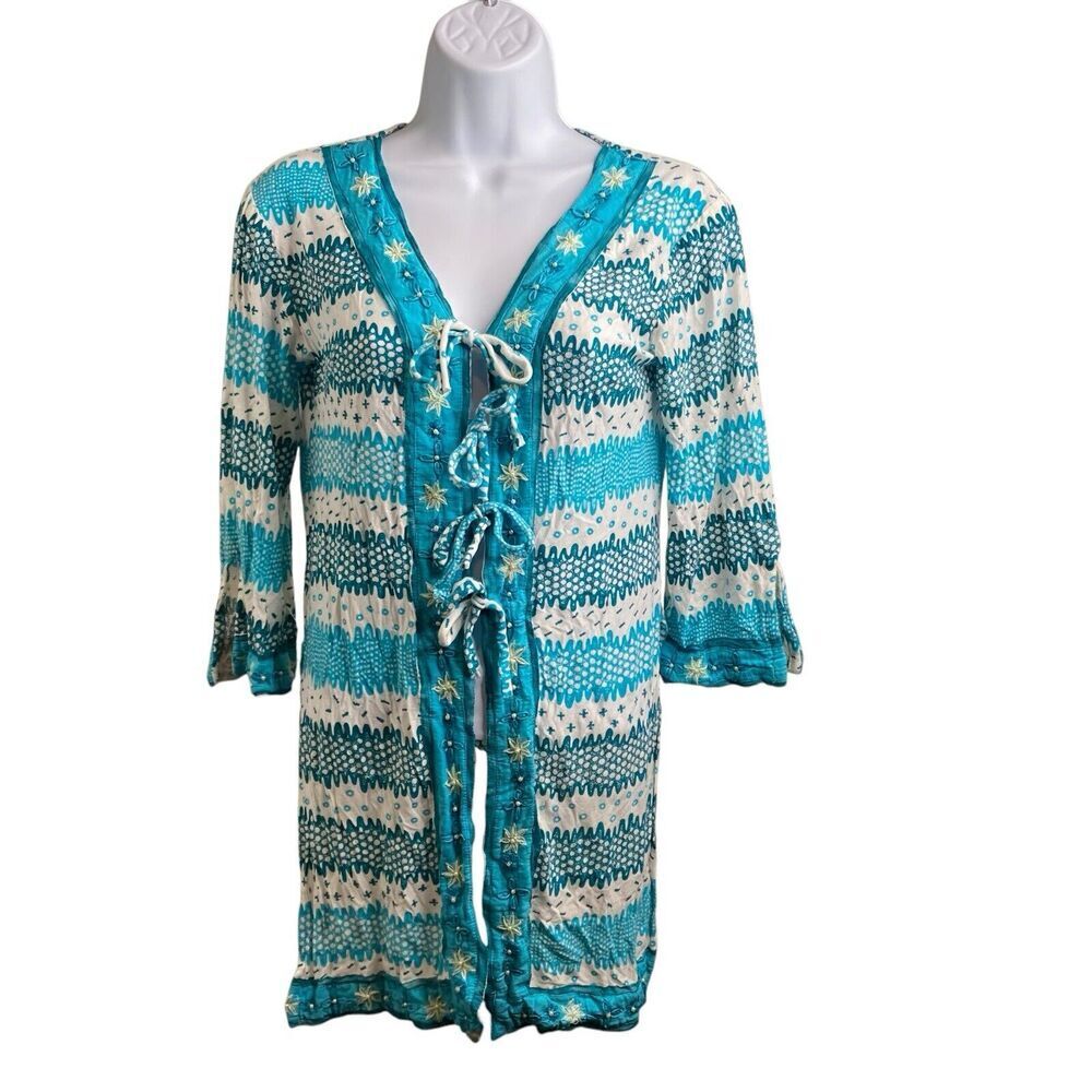Letarte Women's Teal Lace-Up Kimono Size S French Riviera‎ Old Money Resort Boho